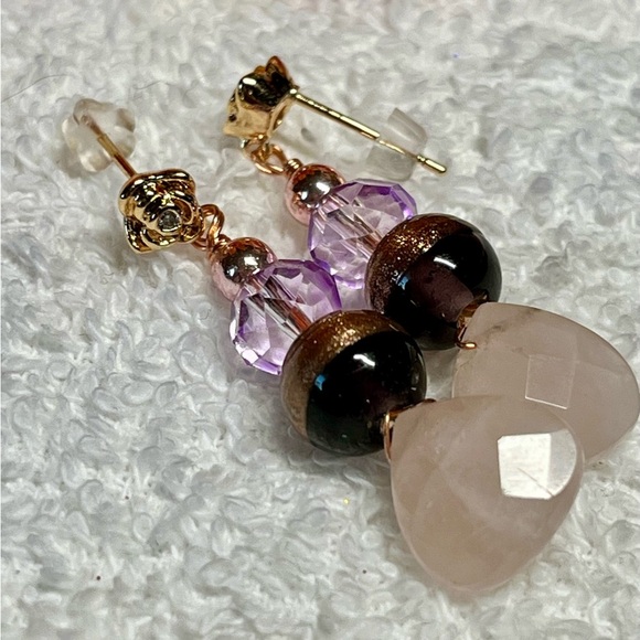 💋🎀genuine Rose quartz and murano glass earrings with roses -NWT - Picture 3 of 6